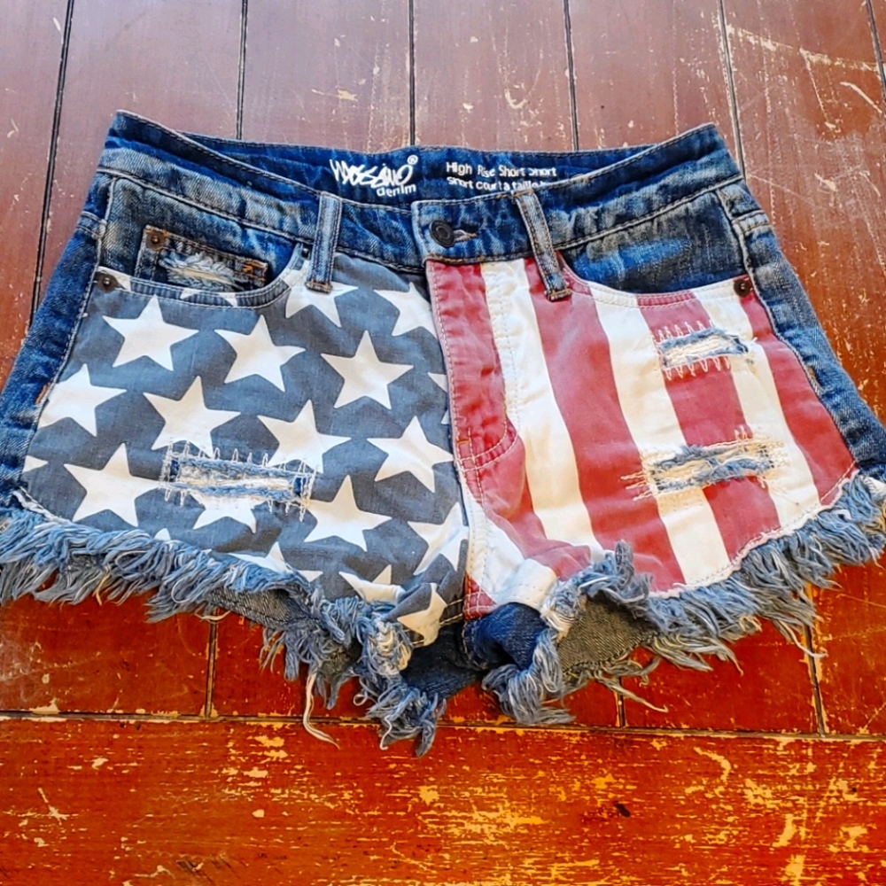 Target Women's Denim Flag Patch High Rise Shorts - Blue, White, Red